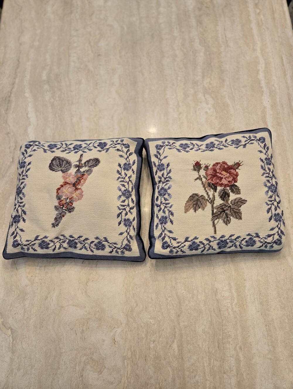 Pair of Floral Needlepoint Throw Pillows - Blue Trim
